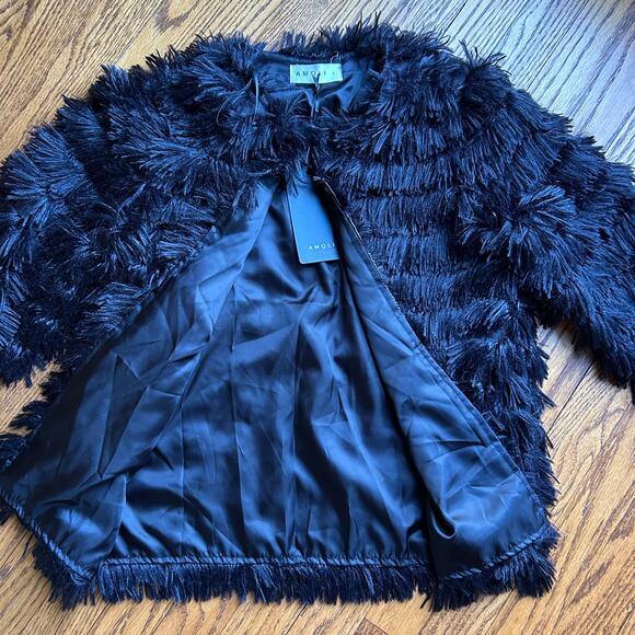 Amoli Faux Fur Coat Fuzzy Fringe Dressy Cardigan Jacket Bolero Black NEW Size L - Picture 3 of 9